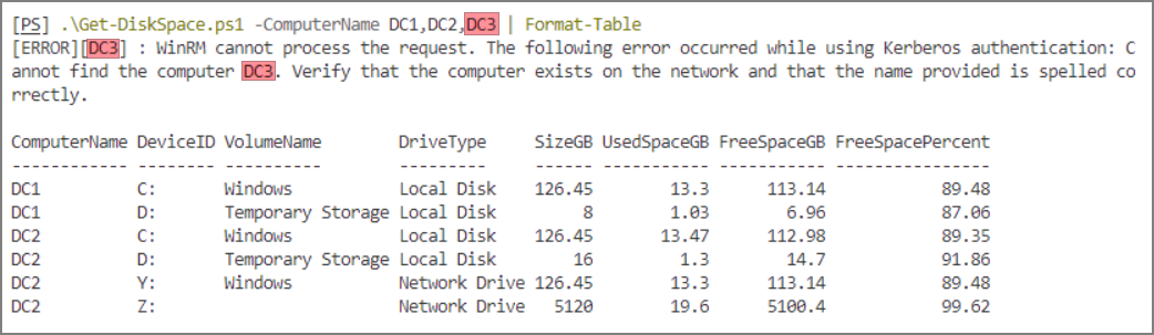 obtener espacio en disco powershell