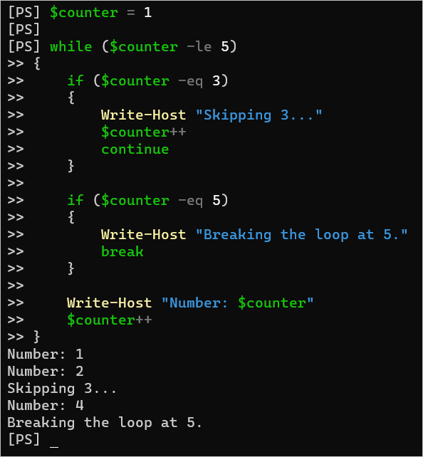 Host de escritura de PowerShell While Loop