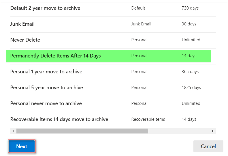 política de retención de Outlook 365