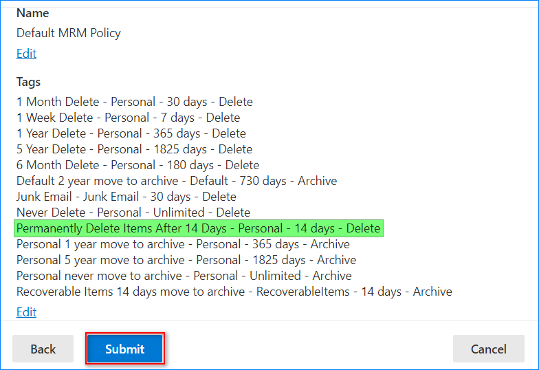 política de retención de buzones o365