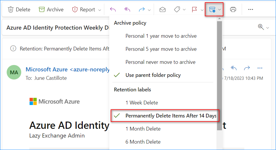 política de retención de correo electrónico office 365
