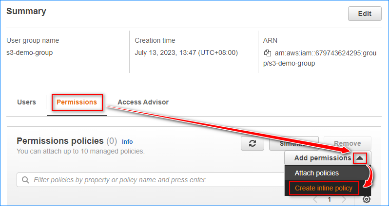 Crear política en línea aws s3