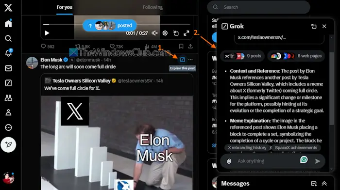 ícono de grok en la línea de tiempo de inicio de publicaciones