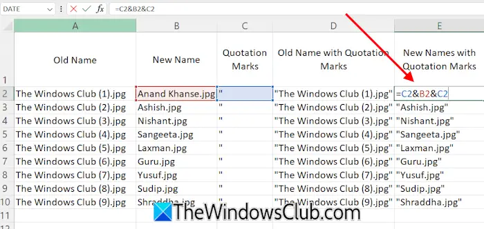Escribir nombres entre comillas en Excel
