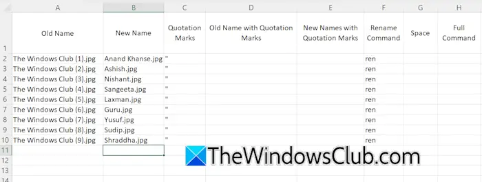 Hacer una hoja de Excel para cambiar el nombre de los archivos