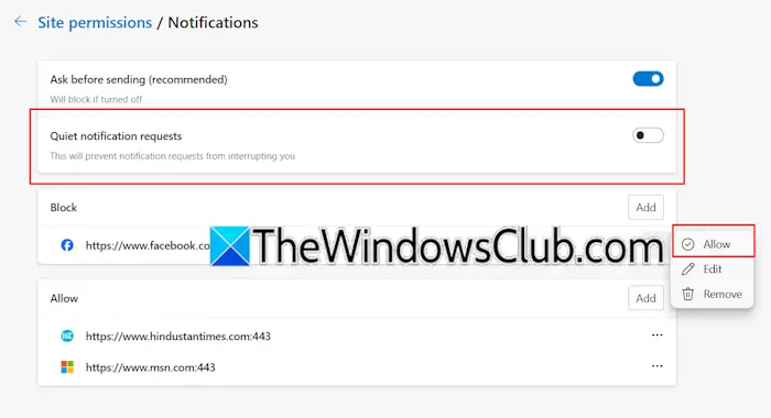 Verifique la configuración de notificaciones en Edge