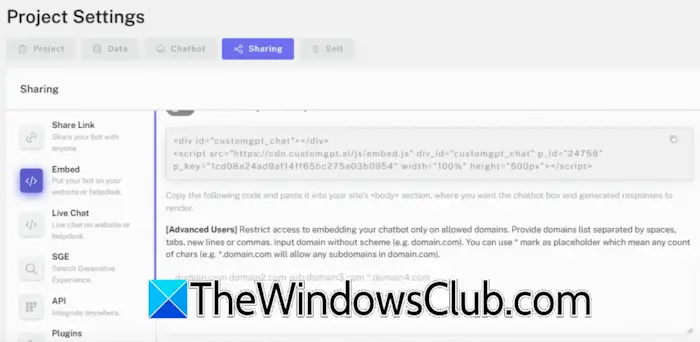 Copiar el código de incrustación CustomGPT