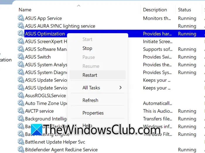 Reiniciar el servicio de optimización ASUS