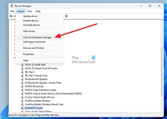 Escaneo del administrador de dispositivos para los cambios de hardware