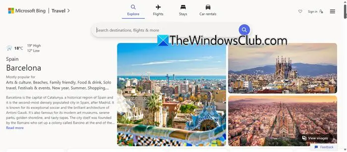 Sitio web de Bing Travel