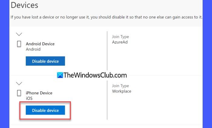 Deshabilitar el dispositivo desde Microsoft Portal
