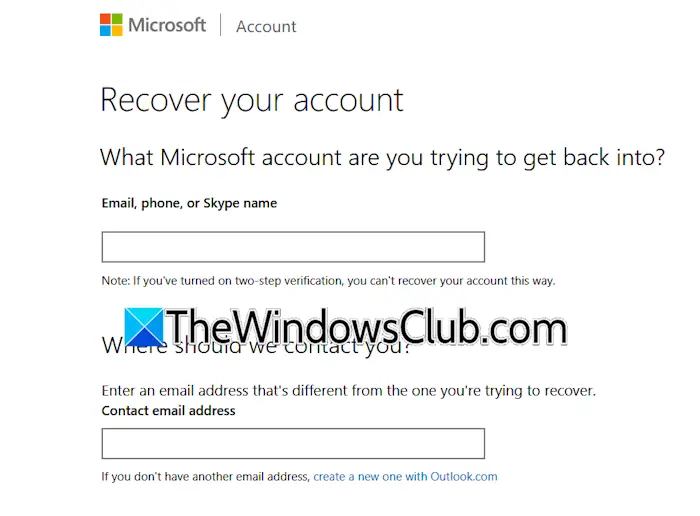 Formulario de recuperación de la cuenta de Microsoft