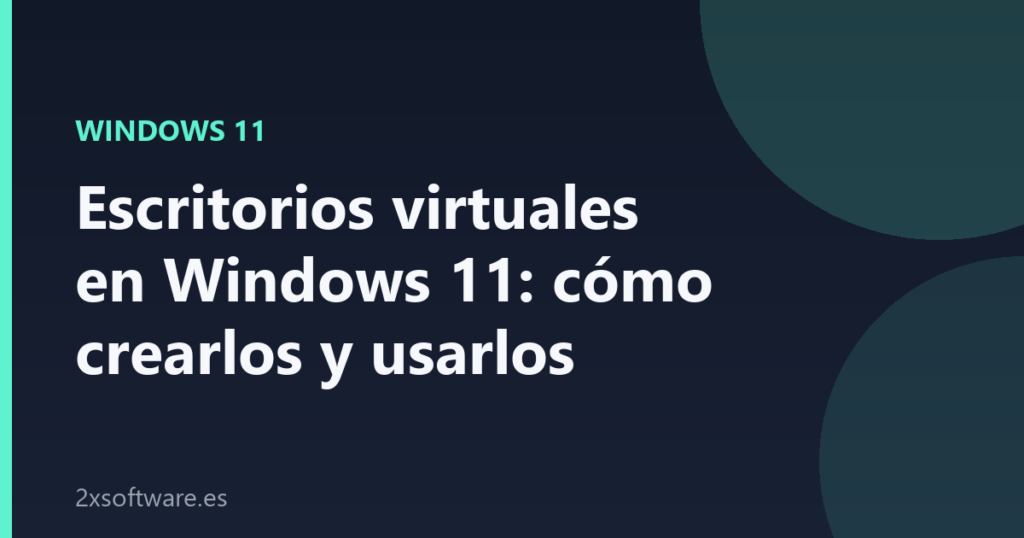 Portada del artículo sobre escritorios virtuales en Windows 11, con el título sobre fondo azul marino y acento verde