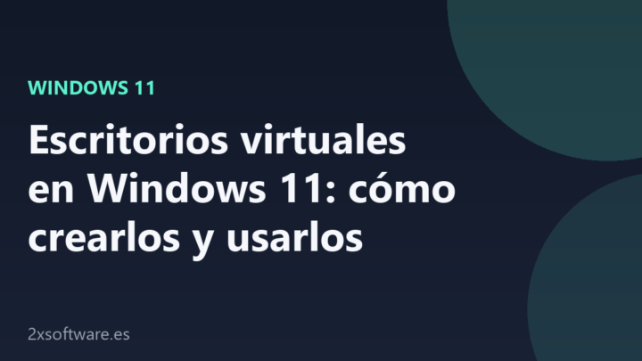 Portada del artículo sobre escritorios virtuales en Windows 11, con el título sobre fondo azul marino y acento verde
